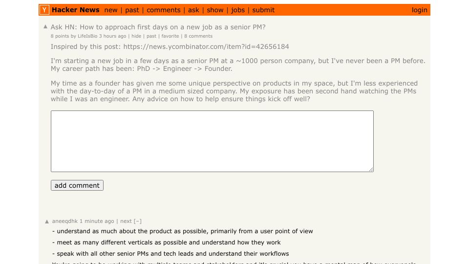 Screenshot of Hacker News post: Ask HN: How to approach first days on a new job as a senior PM?
