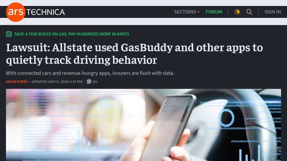 Screenshot of arstechnica.com: Allstate used GasBuddy and other apps to track driving behavior: lawsuit