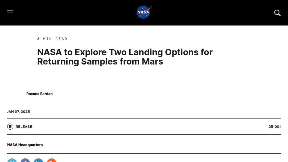 Screenshot of nasa.gov: NASA to explore two landing options for returning samples from Mars