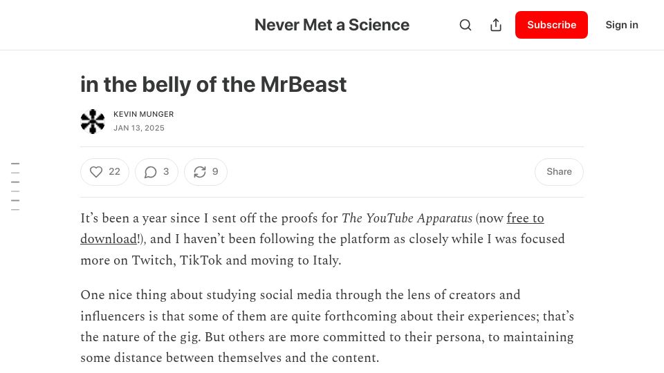 Screenshot of kevinmunger.substack.com: In the belly of the MrBeast