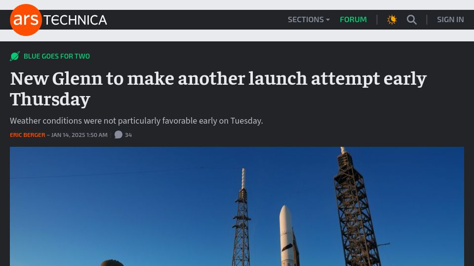 Screenshot of arstechnica.com: New Glenn to make another launch attempt early Thursday