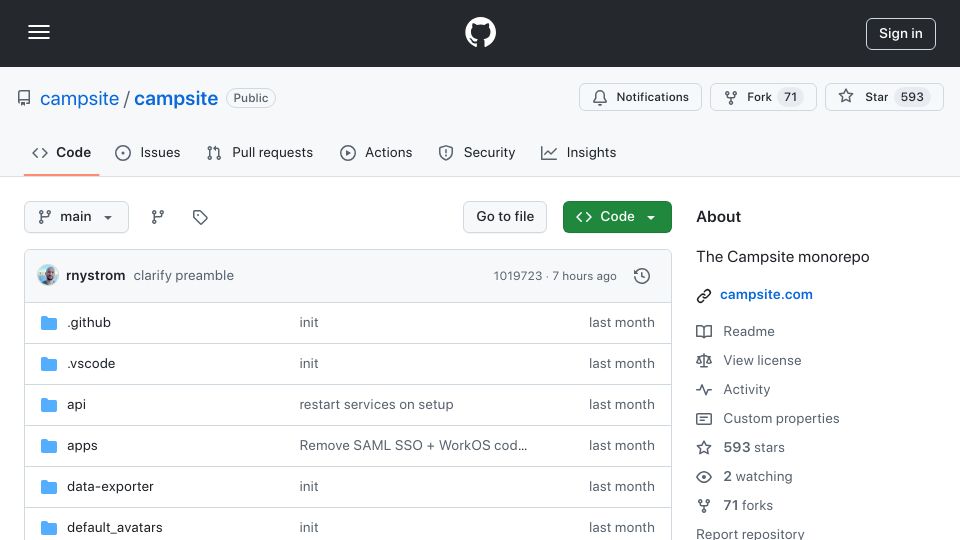 Screenshot of github.com: Campsite is now open source