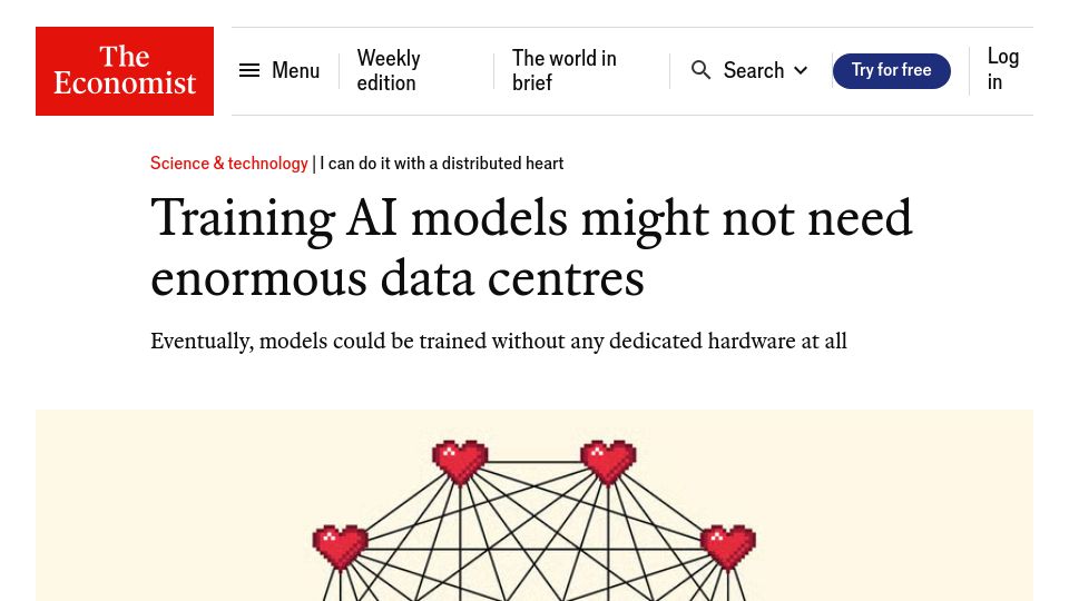 Screenshot of economist.com: Training AI models might not need enormous data centres