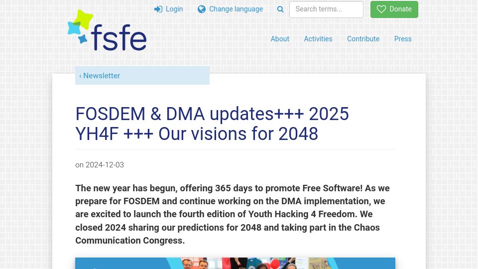 Screenshot of fsfe.org: FOSDEM and DMA updates and 2025 YH4F and Our visions for 2048