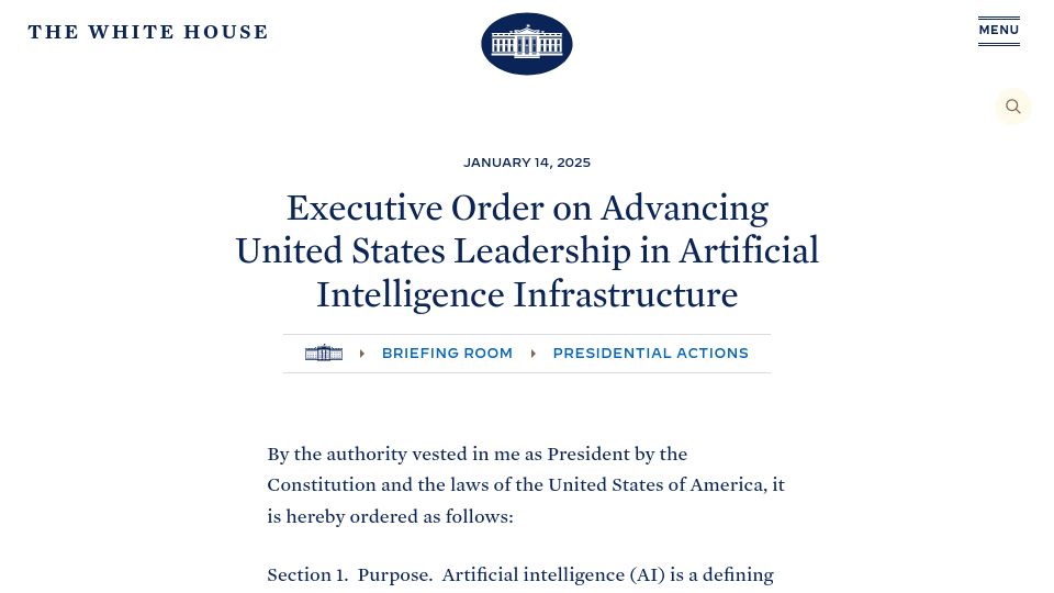 Screenshot of whitehouse.gov: Executive order on advancing United States leadership in AI infrastructure
