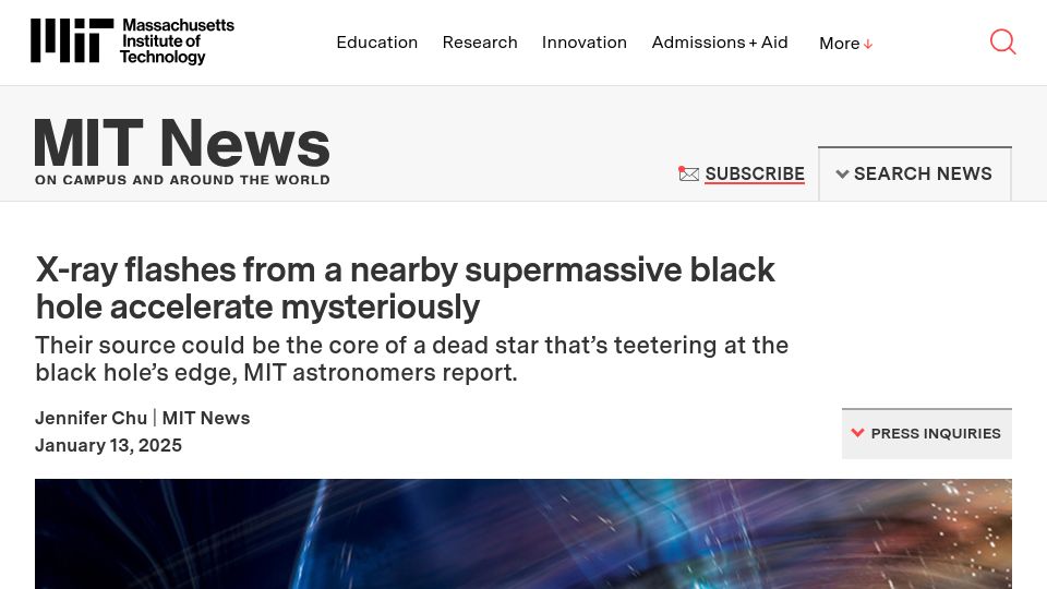 Screenshot of news.mit.edu: X-ray flashes from nearby supermassive black hole accelerate mysteriously