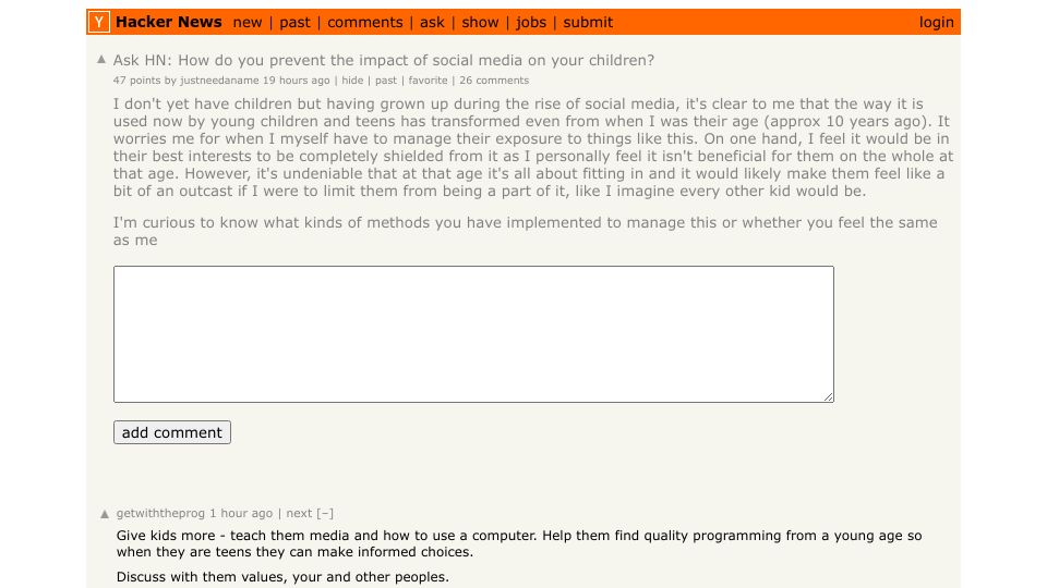 Screenshot of Hacker News post: Ask HN: How do you prevent the impact of social media on your children?