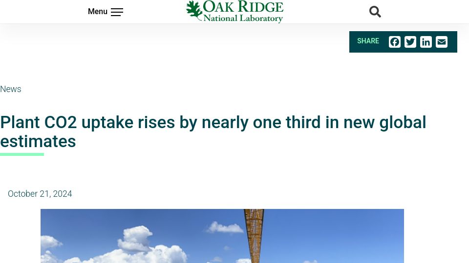 Screenshot of ornl.gov: Estimates of plant CO2 uptake rise by nearly one third