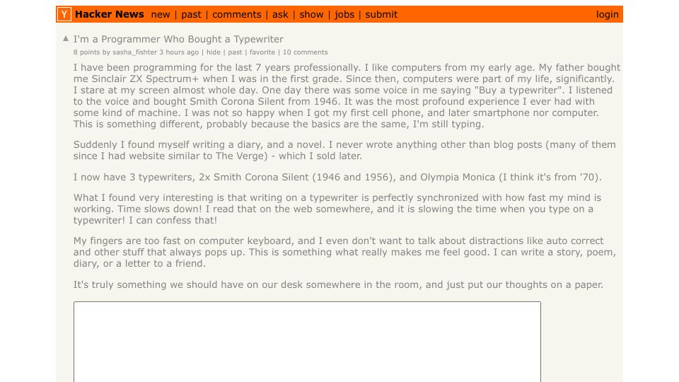 Screenshot of Hacker News post: Tell HN: I'm a programmer who bought a typewriter