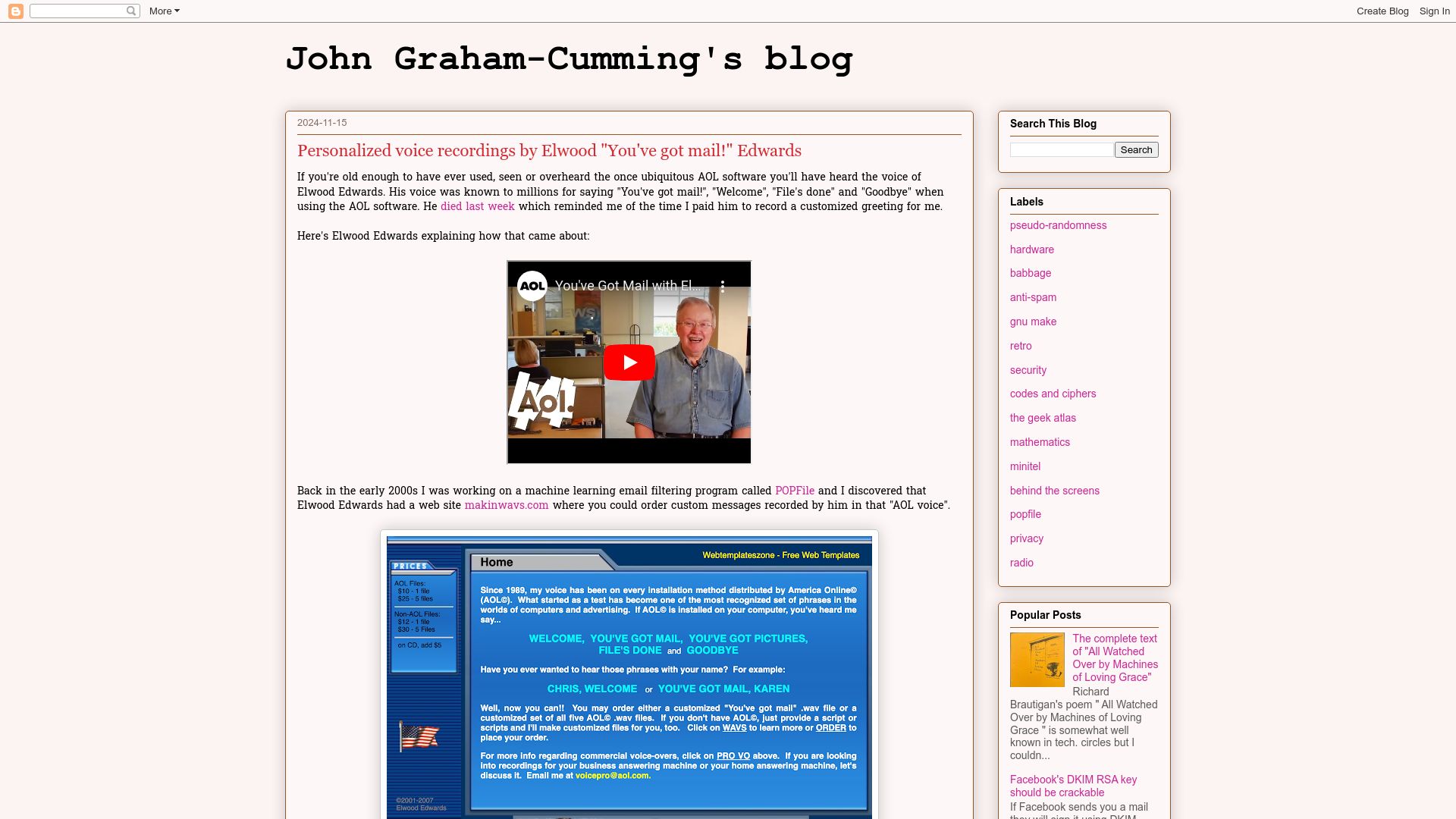 Screenshot of blog.jgc.org: Personalized voice recordings by Elwood "You've got mail!" Edwards (2024)