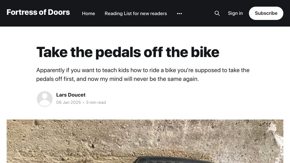 Screenshot of fortressofdoors.com: Take the pedals off the bike