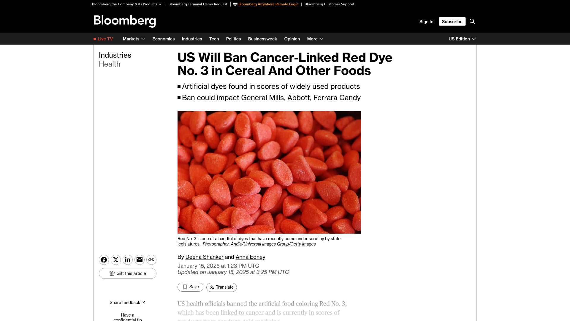 Screenshot of bloomberg.com: US will ban cancer-linked Red Dye No. 3 in cereal and other foods