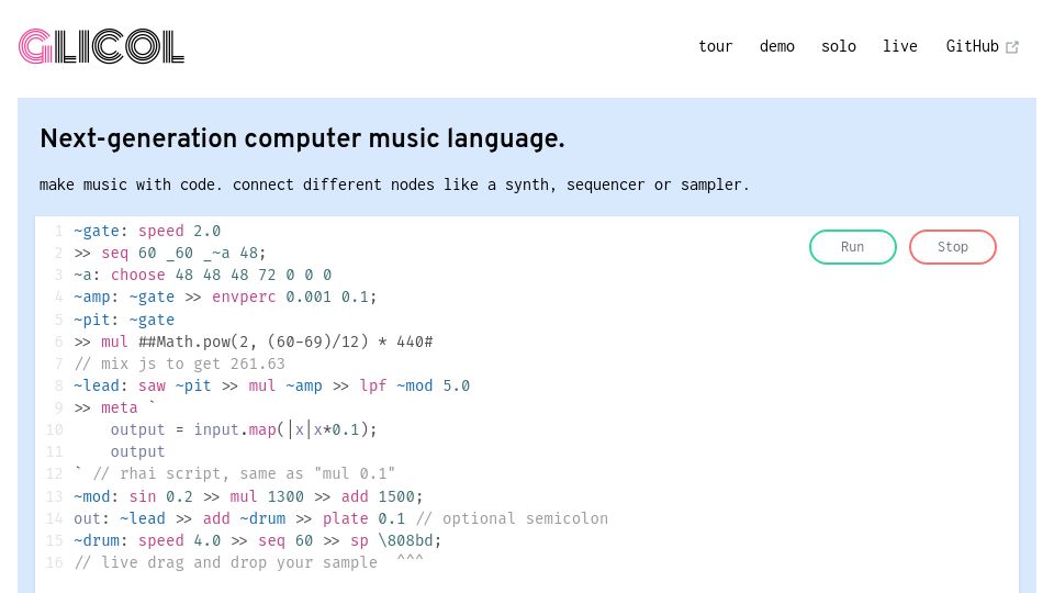Screenshot of glicol.org: Glicol: Next-generation computer music language