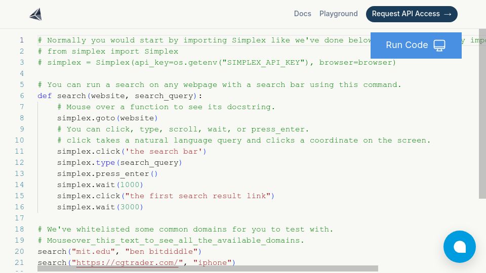 Screenshot of simplex.sh: Show HN: Simplex: Automate browser workflows using code and natural language