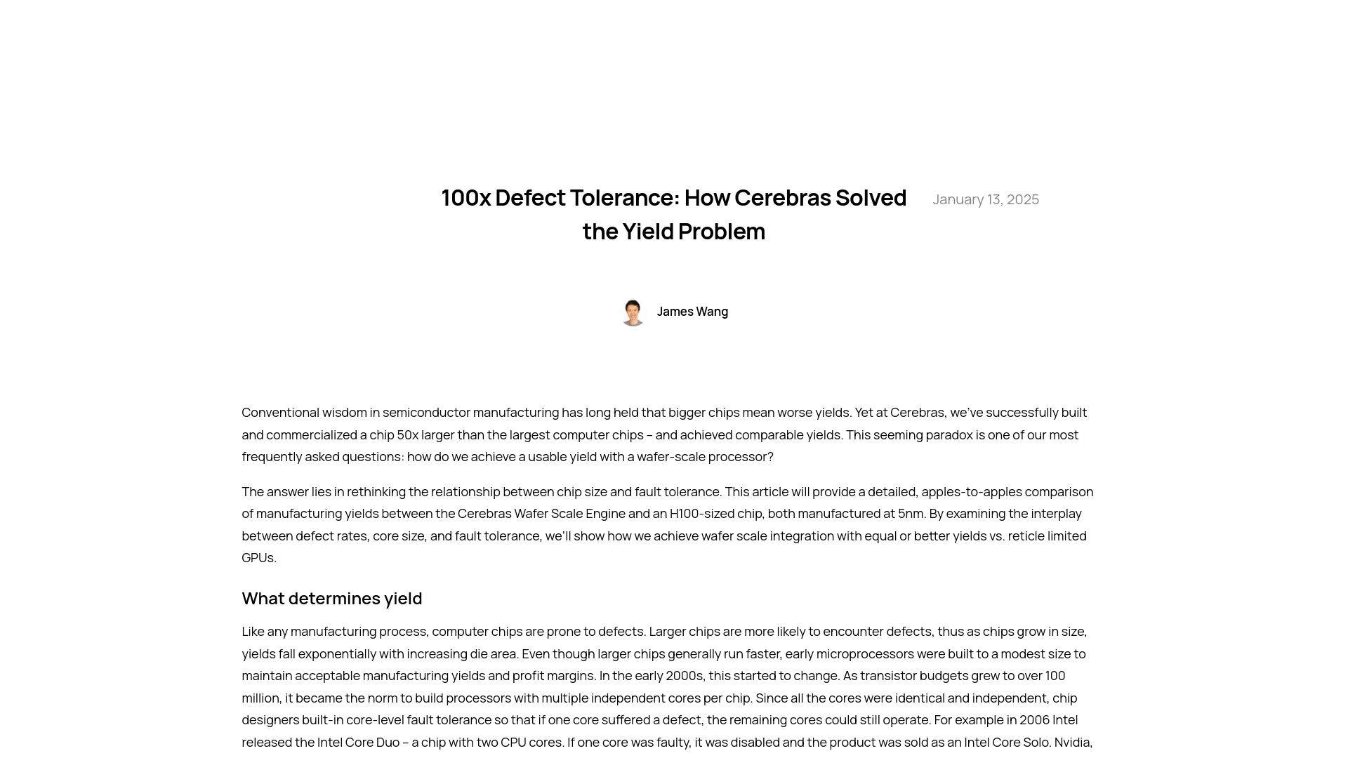 Screenshot of cerebras.ai: 100x defect tolerance: How we solved the yield problem