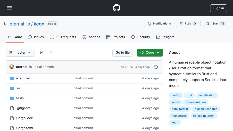 Screenshot of github.com: KEON is a human-readable serde format that syntactic similar to Rust