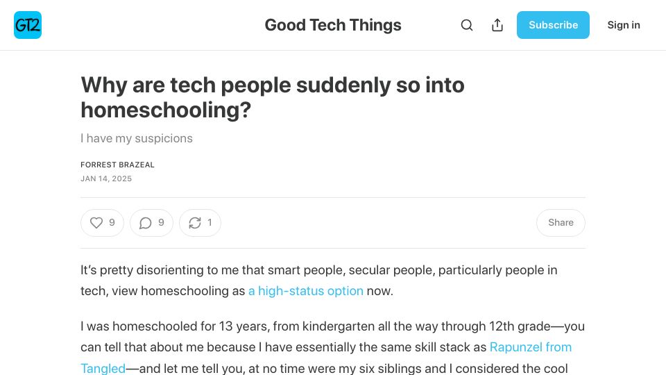 Screenshot of newsletter.goodtechthings.com: Why is homeschooling becoming fashionable?