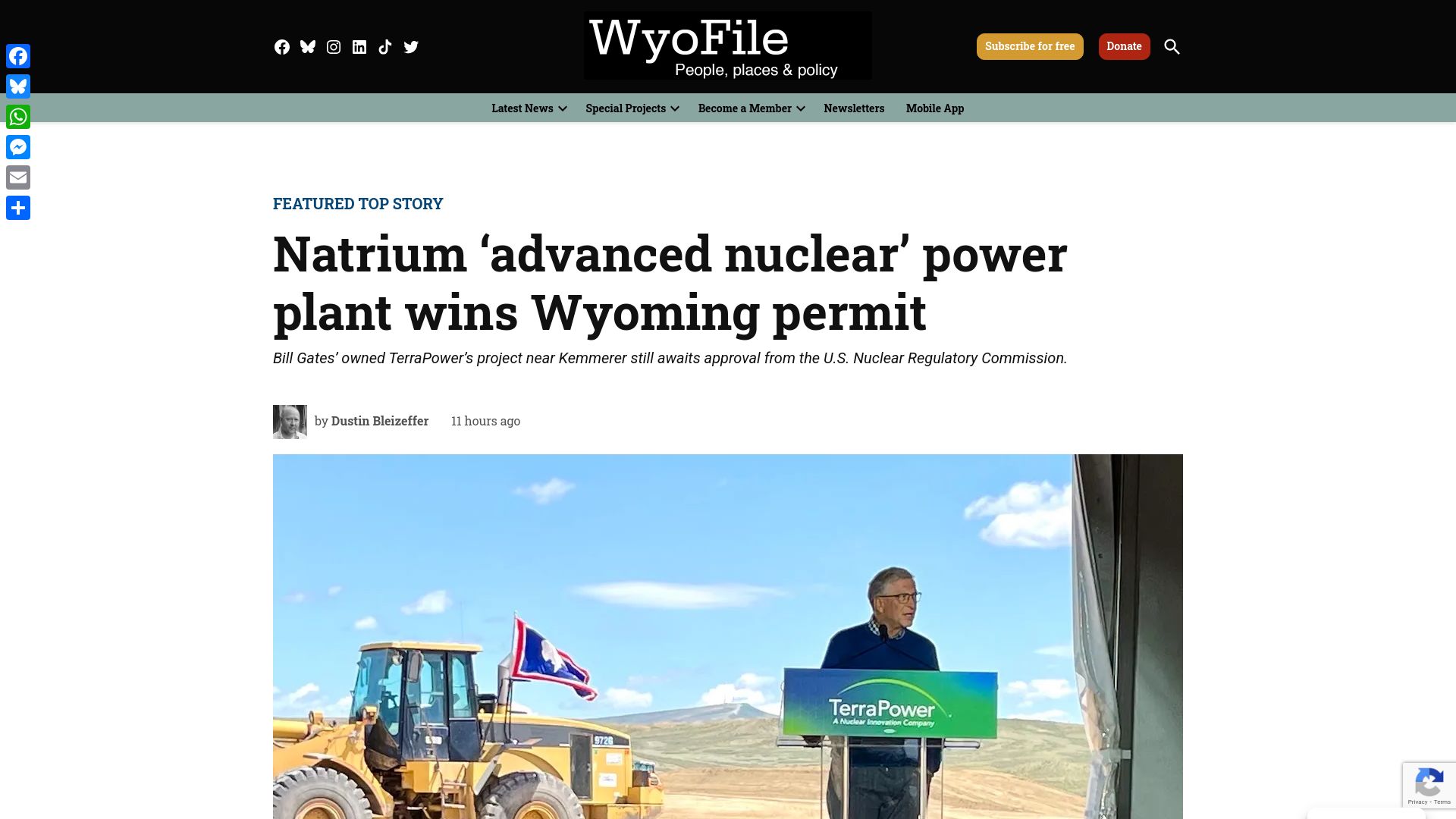 Screenshot of wyofile.com: Natrium 'advanced nuclear' power plant wins Wyoming permit