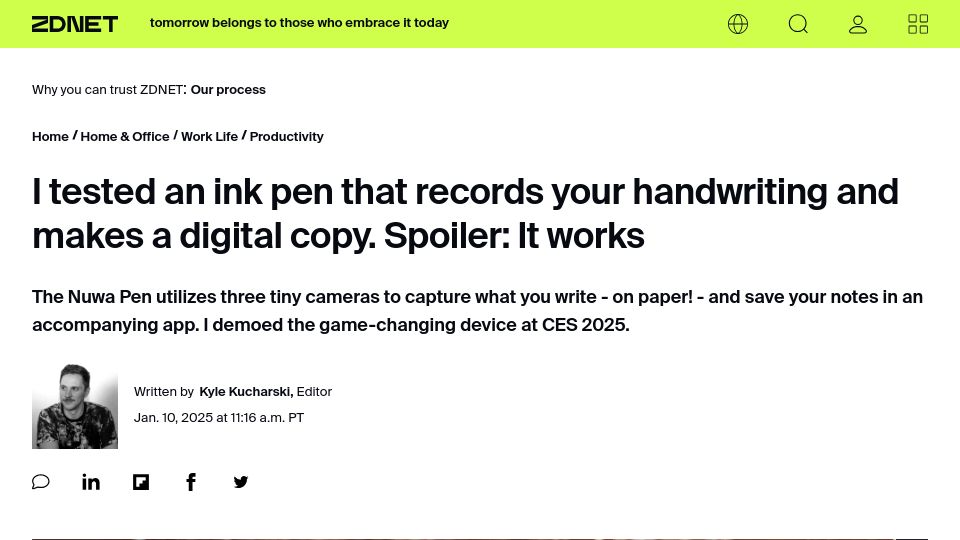 Screenshot of zdnet.com: Ink Pen Records Handwriting and Creates Digital Copies