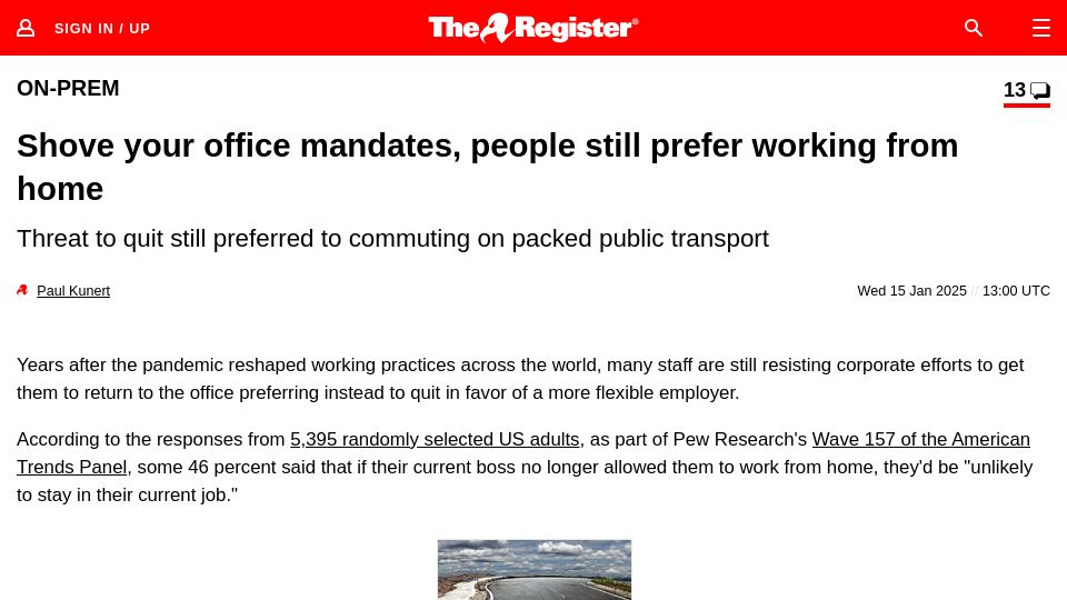 Screenshot of theregister.com: Shove your office mandates, people still prefer working from home