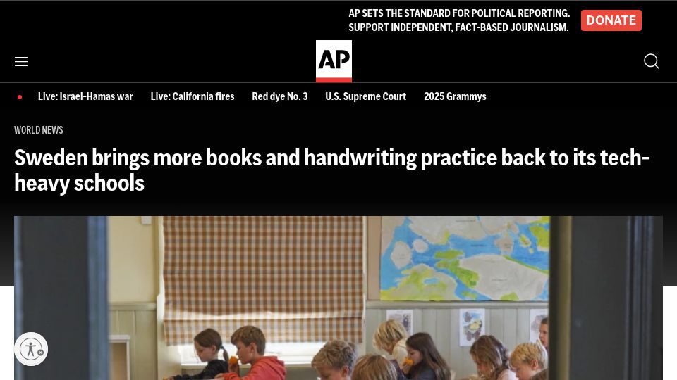 Screenshot of apnews.com: Sweden brings more books and handwriting practice back to its schools (2023)