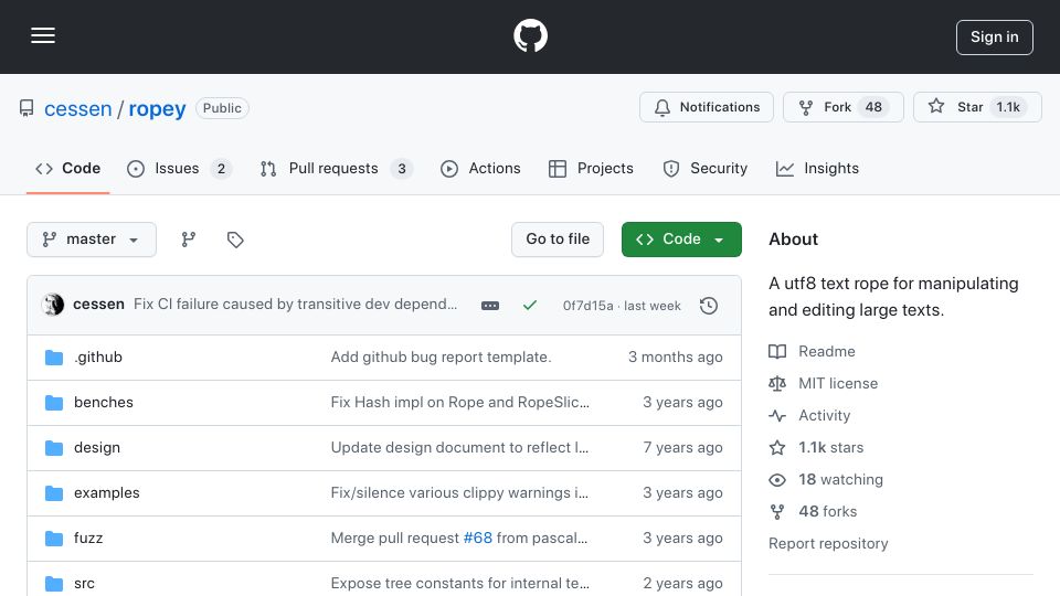 Screenshot of github.com: Ropey – A UTF8 text rope for manipulating and editing large text