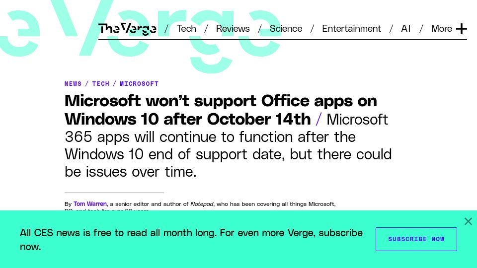 Screenshot of theverge.com: Microsoft won't support Office apps on Windows 10 after October 14th