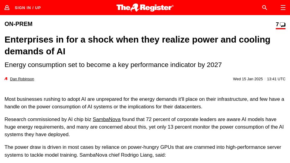 Screenshot of theregister.com: Enterprises in for a shock when they realize power and cooling demands of AI