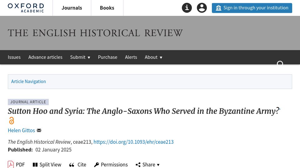 Screenshot of academic.oup.com: Sutton Hoo and Syria: Anglo-Saxons who served in the Byzantine army?