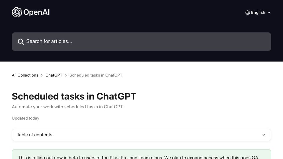 Screenshot of help.openai.com: Scheduled tasks in ChatGPT