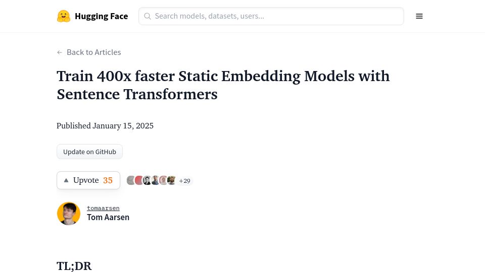 Screenshot of huggingface.co: Train faster static embedding models with sentence transformers