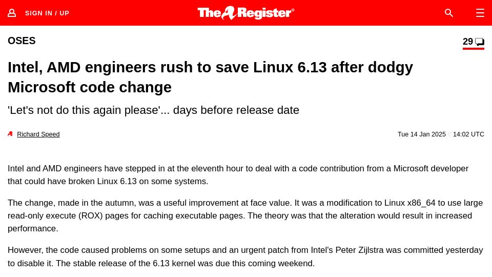 Screenshot of theregister.com: Intel, AMD engineers rush to save Linux 6.13 after dodgy Microsoft code change