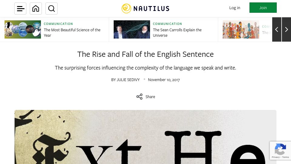 Screenshot of nautil.us: The rise and fall of the English sentence (2017)