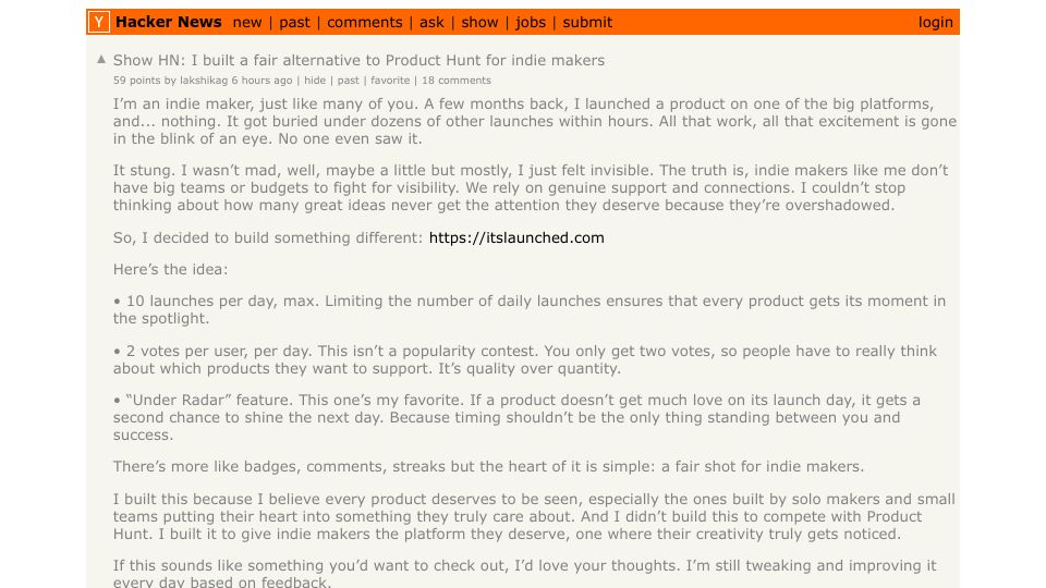 Screenshot of Hacker News post: Show HN: I built a fair alternative to Product Hunt for indie makers