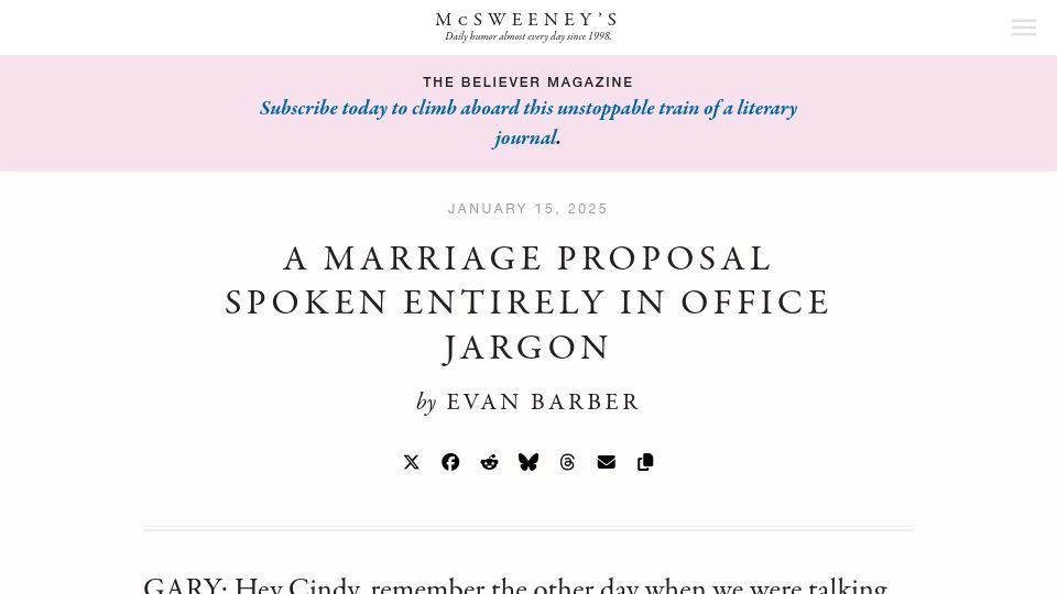 Screenshot of mcsweeneys.net: A marriage proposal spoken in office jargon