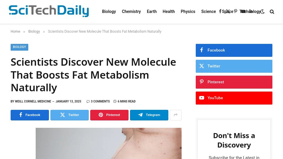 Screenshot of scitechdaily.com: Scientists Discover New Molecule That Boosts Fat Metabolism Naturally