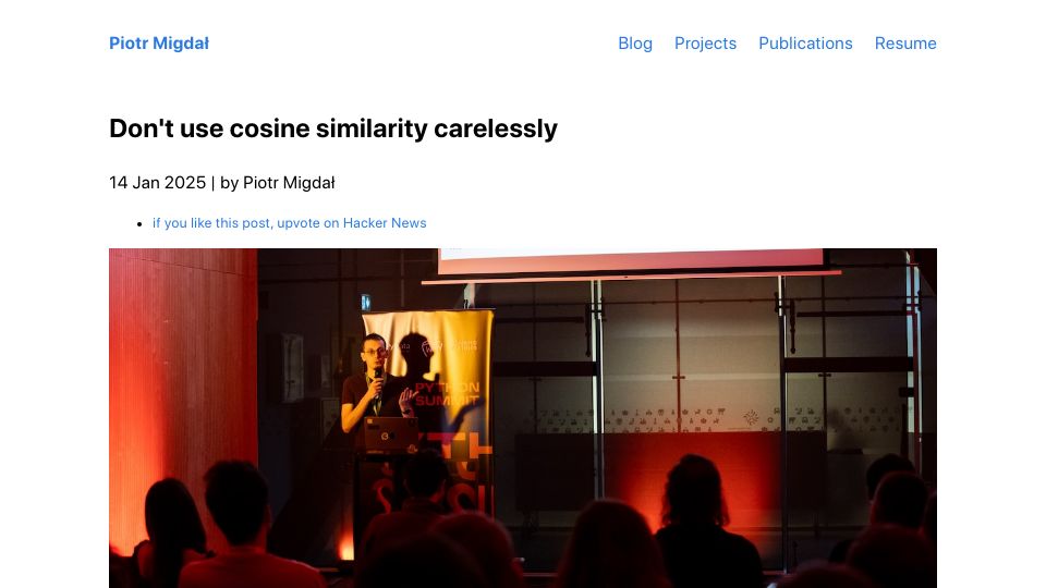 Screenshot of p.migdal.pl: Don't use cosine similarity carelessly