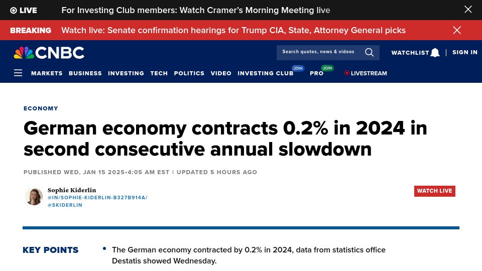 Screenshot of cnbc.com: German economy contracts 0.2% in 2024 in second consecutive annual slowdown