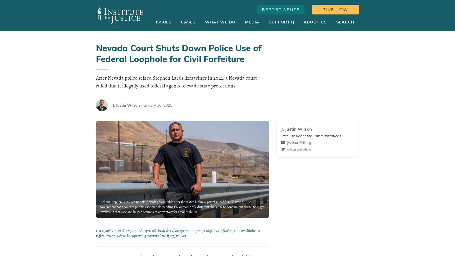 Screenshot of ij.org: Nevada Court Shuts Down Police Use of Federal Loophole for Civil Forfeiture