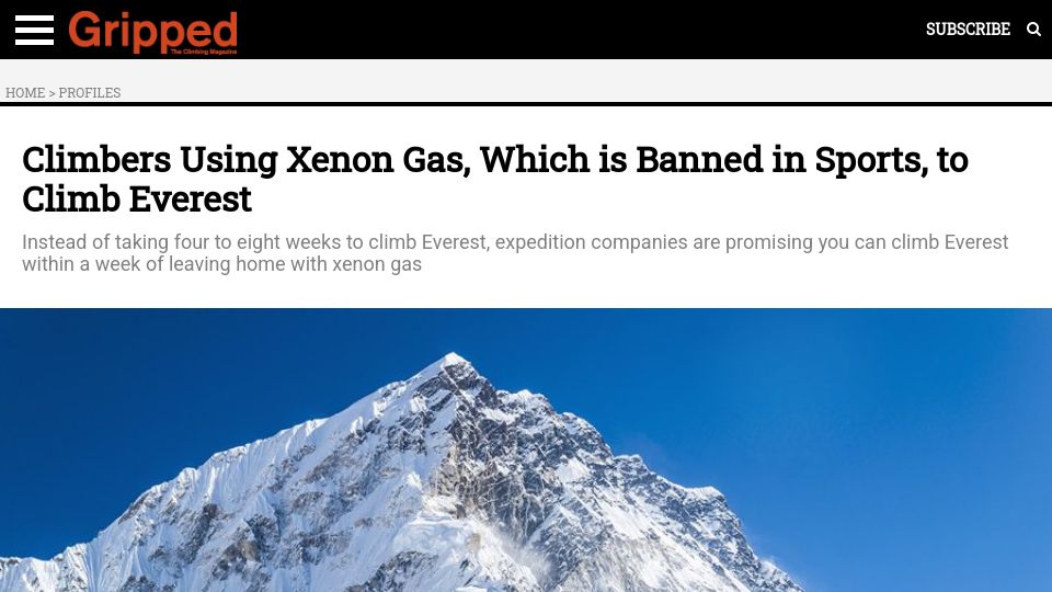 Screenshot of gripped.com: Climbers using xenon gas to climb Everest