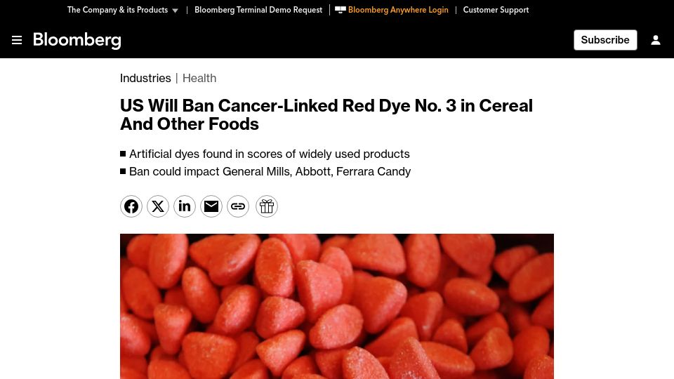 Screenshot of bloomberg.com: US will ban cancer-linked Red Dye No. 3 in cereal and other foods