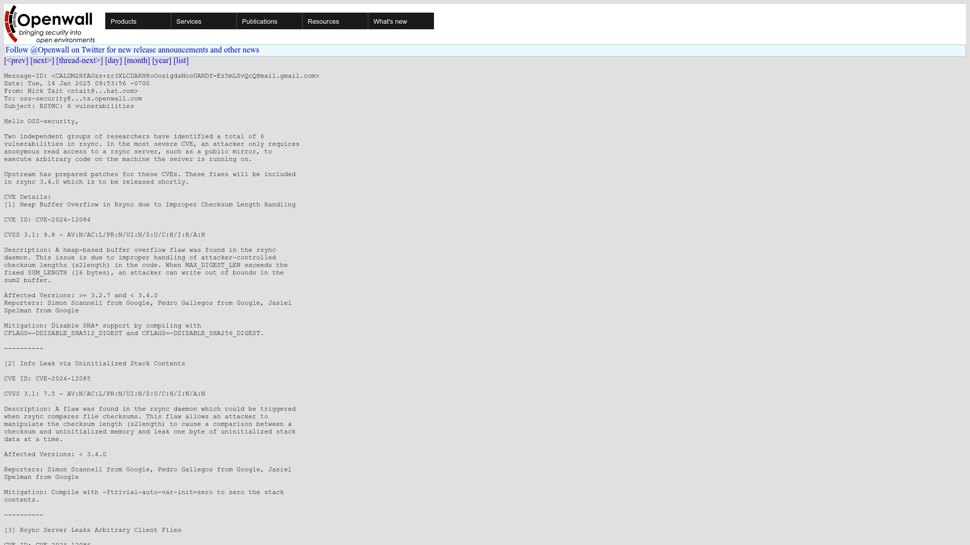 Screenshot of openwall.com: Rsync vulnerabilities