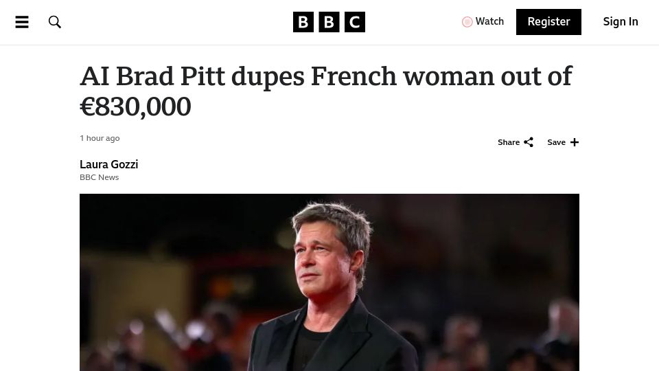 Screenshot of bbc.co.uk: AI Brad Pitt dupes French woman out of €830k