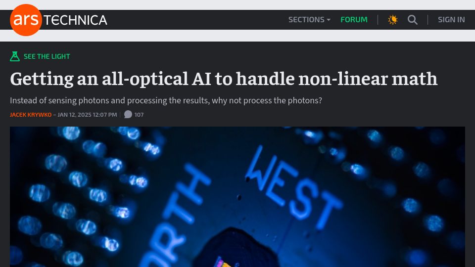 Screenshot of arstechnica.com: Getting an all-optical AI to handle non-linear math
