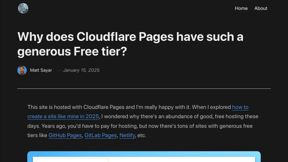 Screenshot of mattsayar.com: Why is Cloudflare Pages' bandwidth unlimited?
