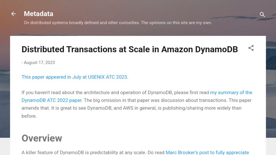 Screenshot of muratbuffalo.blogspot.com: Distributed Transactions at Scale in Amazon DynamoDB (2023)