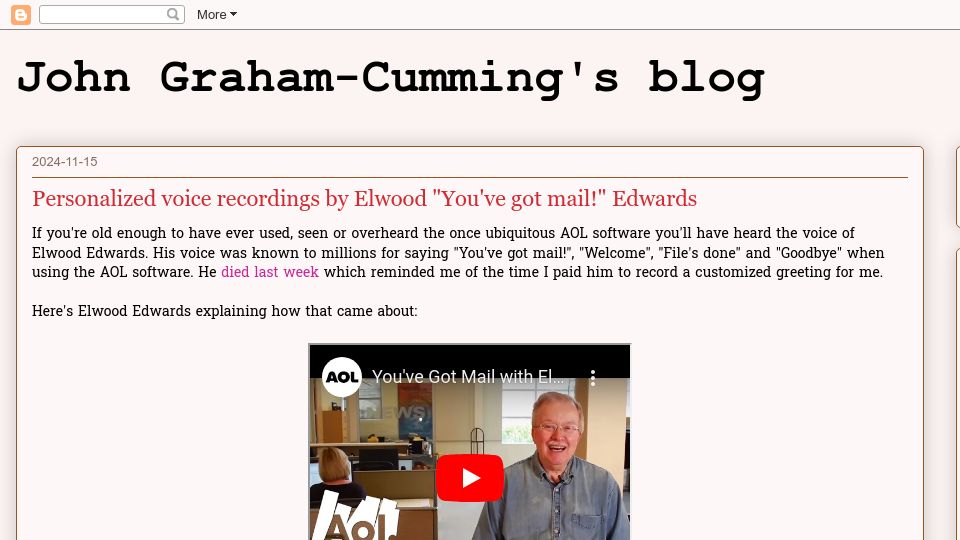 Screenshot of blog.jgc.org: Personalized voice recordings by Elwood "You've got mail!" Edwards (2024)