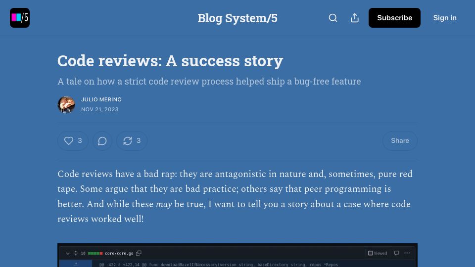 Screenshot of blogsystem5.substack.com: Code reviews: A success story