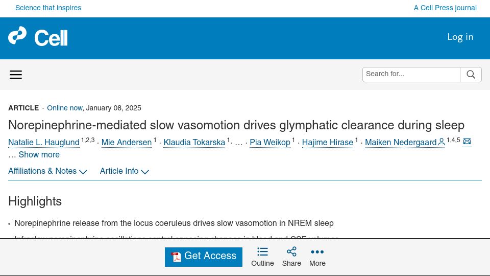 Screenshot of cell.com: Norepinephrine-mediated slow vasomotion drives glymphatic clearance during sleep