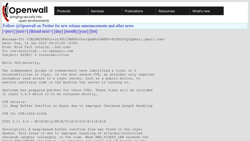 Screenshot of openwall.com: Rsync vulnerabilities